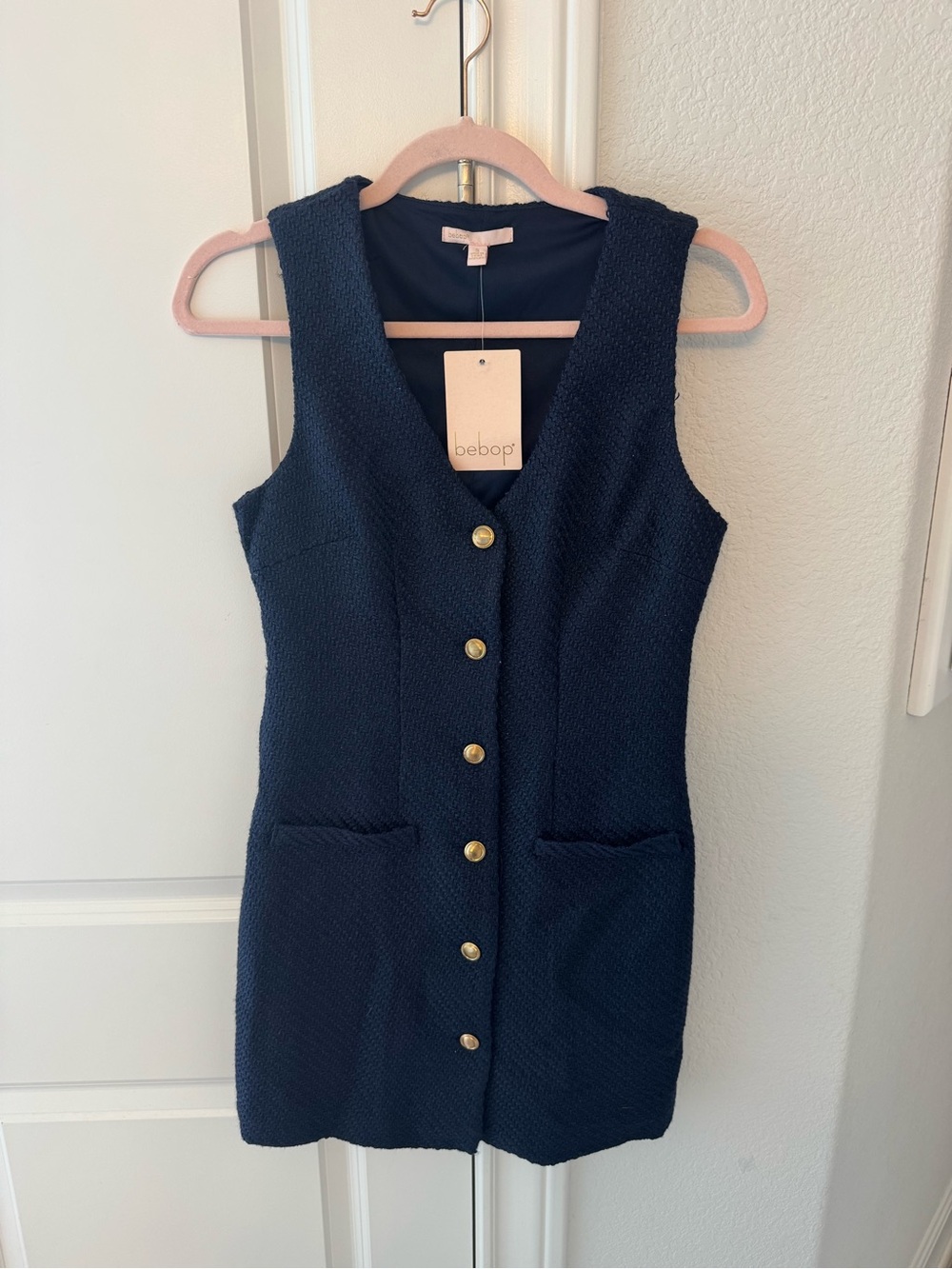 NWT BeBop Navy Textured Sleeveless Button-Front Mini Dress